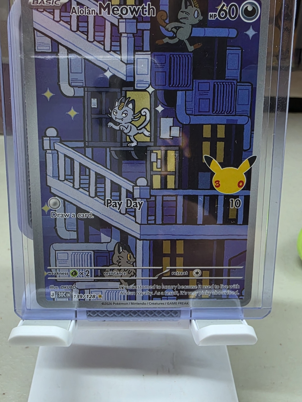 30th ANNIVERSARY Alolan Meowth Collectible Art Card - Purple